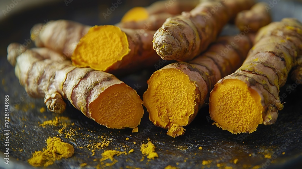 Poster fresh turmeric curcumin tumeric roots on a black plate superfood product dark background close up to