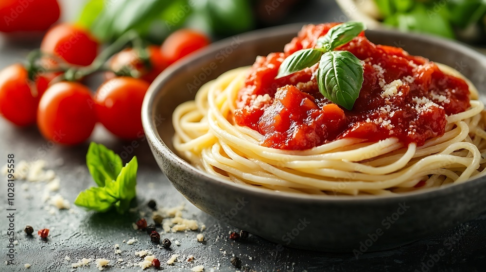 Poster pasta spaghetti with tomato sauce and fresh basil in a bowl grey background copy space : generative 