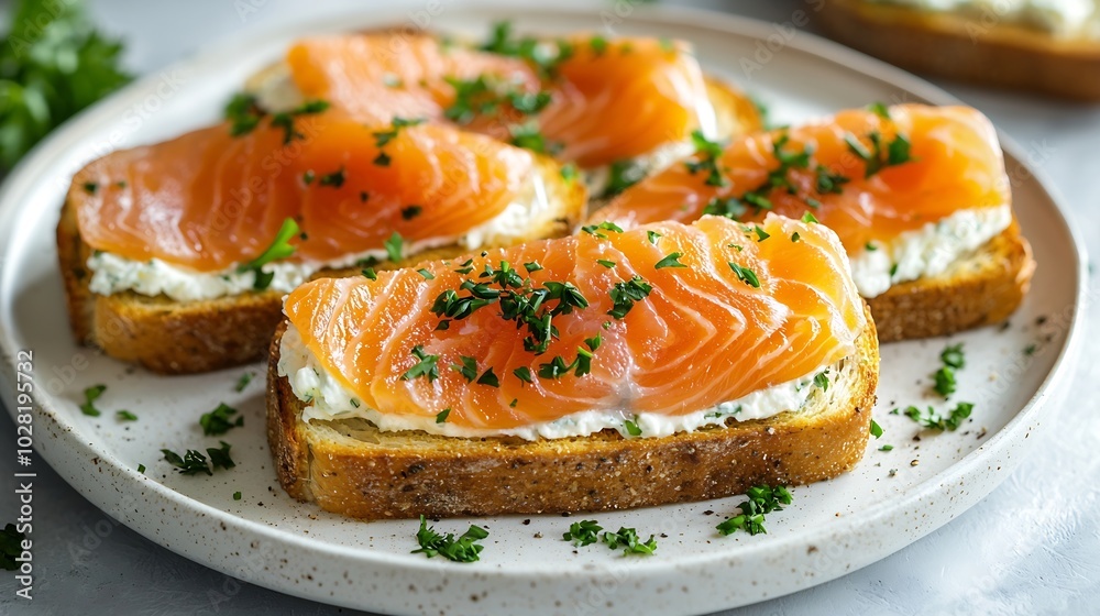 Poster sandwich toast with smoked salmon and cream cheese on white plate marble background copy space : gen