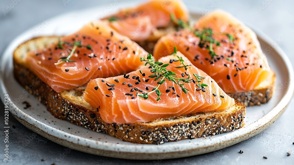 Poster sandwich toast with smoked salmon and cream cheese on white plate marble background close up : gener