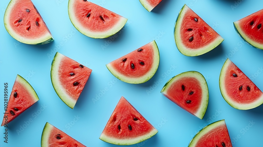 Poster watermelon slices on blue background top view : generative ai