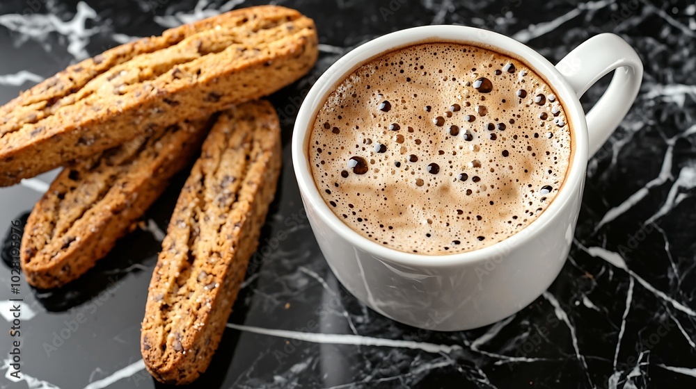 Poster coffee espresso in cup with biscotti cookies on black marble background close up top view : generati