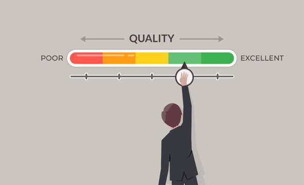 Satisfaction and evaluation concept, businessman is pointing to change quality level indicator scale from poor to excellent