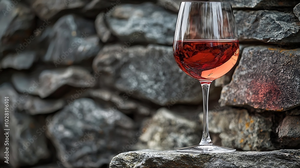 Poster glass of red wine on stone wall background copy space : generative ai