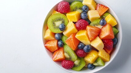 Bowl of fresh exotic fruit salad on white summer background Healthy breakfast Copy space : Generative AI