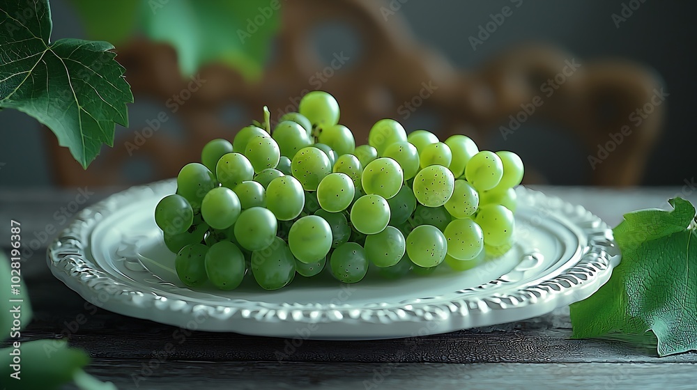 Poster green grape on a white plate grey wooden background top view copy space : generative ai