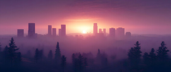 Fototapeta premium Cityscape at Sunset with Fog.