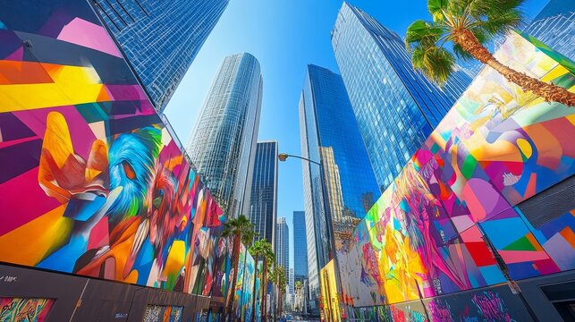 A dynamic cityscape of sleek glass skyscrapers rising into a clear sky, ground-level streets adorned with colorful murals, merging urban art with contemporary architecture
