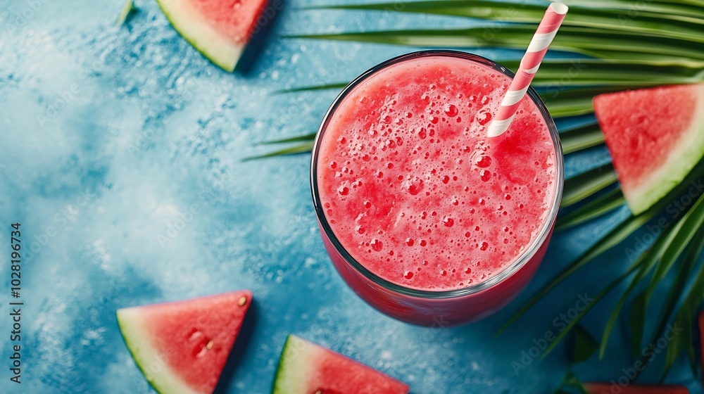 Poster Watermelon smoothie fresh juice on blue background with palm leaf Top view : Generative AI