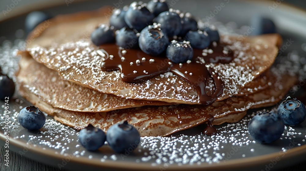 Aufkleber crepes thin pancakes with chocolate sauce and fresh blueberries grey background close up : generativ