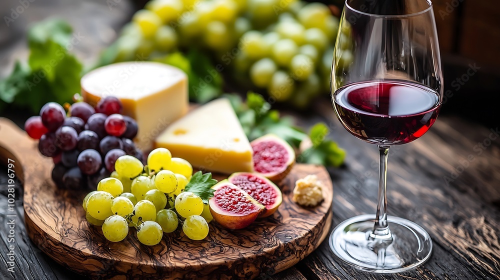 Aufkleber cheese and fruits assortment on cutting board with red and white wine on wooden background copy spac