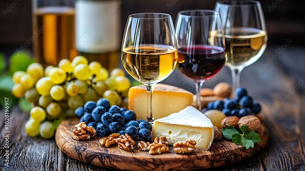 Poster cheese plate with honey nuts and grape and white and red wine in glasses on a wooden background : ge