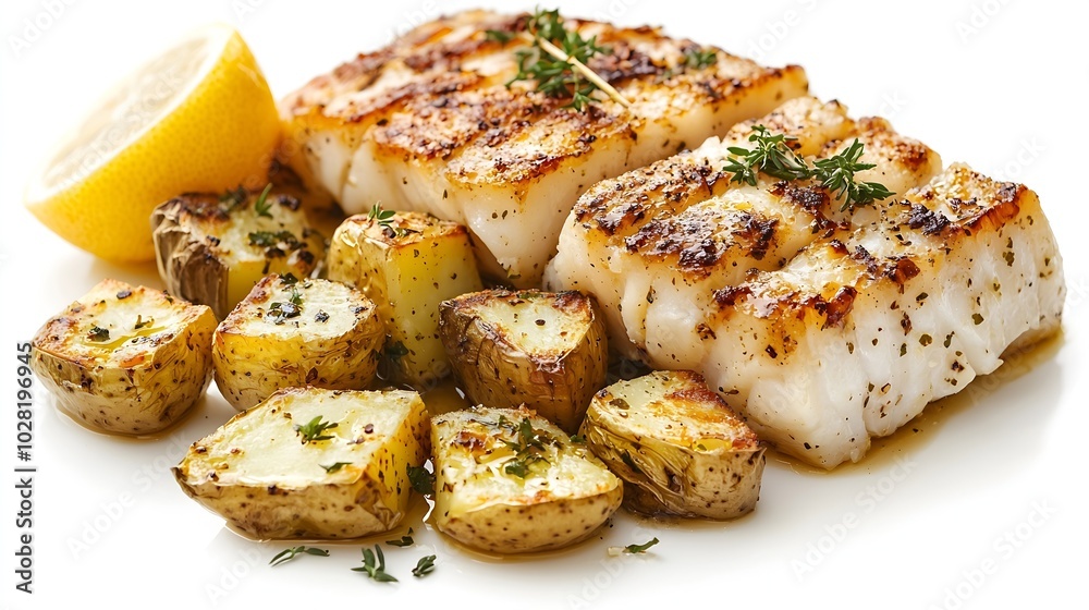 Poster Roasted cod codfish with baked potatoes and artichokes with lemon and herbs sauce on a white background : Generative AI