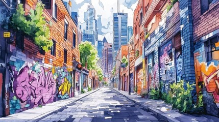Fototapeta premium A street framed by towering modern buildings, graffiti sprawls across brick walls in vivid colors, the urban environment comes alive in watercolor