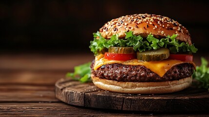 Burger on a plate with pickles Wooden background Close up : Generative AI