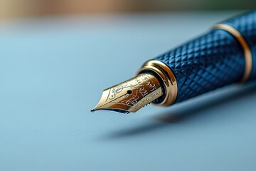 A blue pen with gold trim sits on a sheet of paper