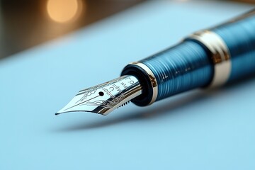 Fototapeta premium A blue fountain pen with a gold band sits on a white surface