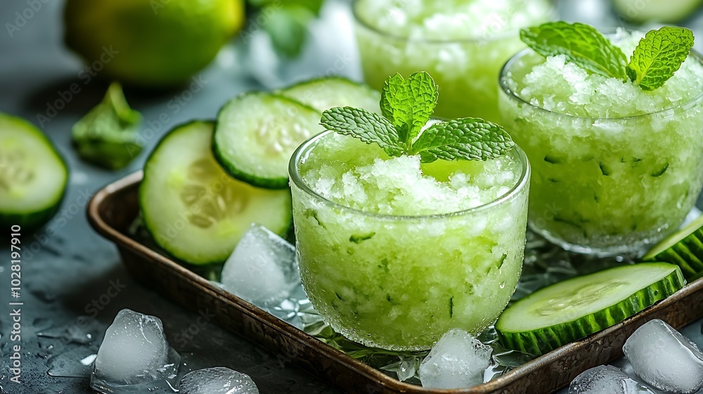 Poster mintl lime and fresh cucumber granita in glasses with fresh mint leaves and cucumber slices on a met