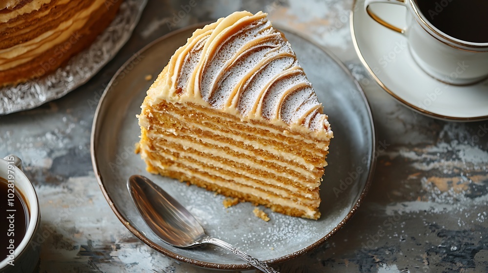 Poster traditional hungarian esterhazy cake torte with cup of coffee grey background top view : generative 