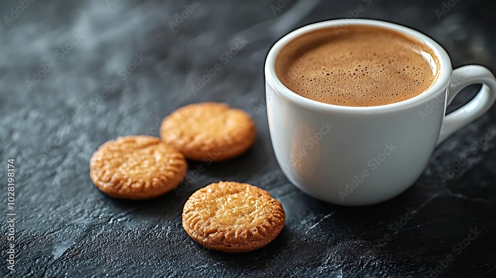 Poster coffee espresso in cup with amaretti cookies on black marble background copy space : generative ai