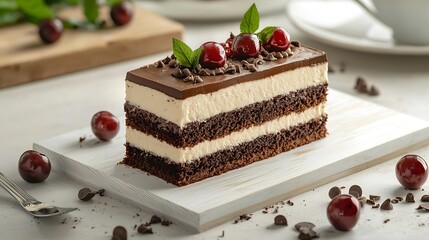 Black forest cake Schwarzwald pie dark chocolate and cherry dessert on a white wooden cutting board : Generative AI
