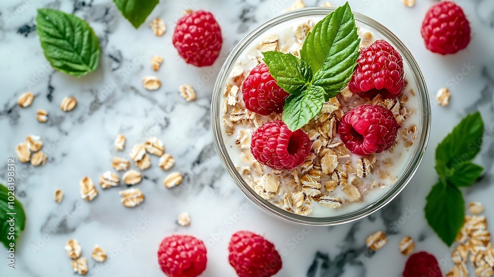 Poster Overnight oats bircher muesli with raspberry in a glass jar on marble background Close up : Generative AI