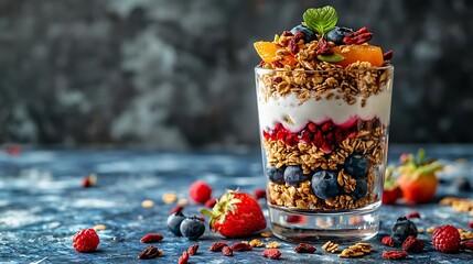 Healthy breakfast Granola with pumpkin seeds and goji berries honey yogurt and fresh berries in a glass on blue and white background : Generative AI