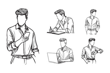 Line drawings of elegant men showcasing their casual fashion choices