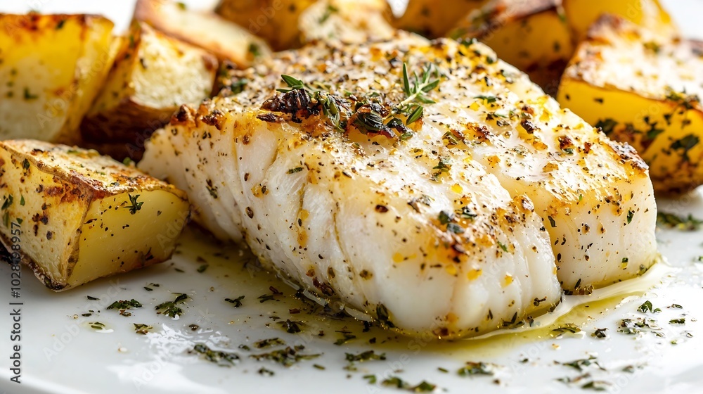 Poster roasted cod codfish with baked potatoes and artichokes with lemon and herbs sauce on a white backgro