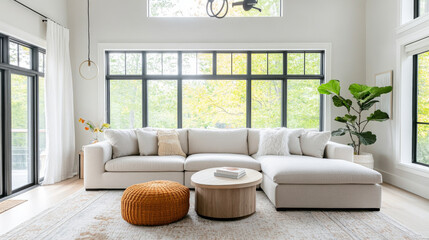 Fototapeta premium A modern living room featuring spacious white sectional sofa, round coffee table, and cozy pouf. Large windows allow natural light to fill space, enhancing serene atmosphere