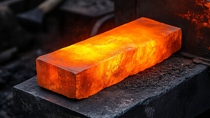 A piece of heated iron glowing bright orange placed
