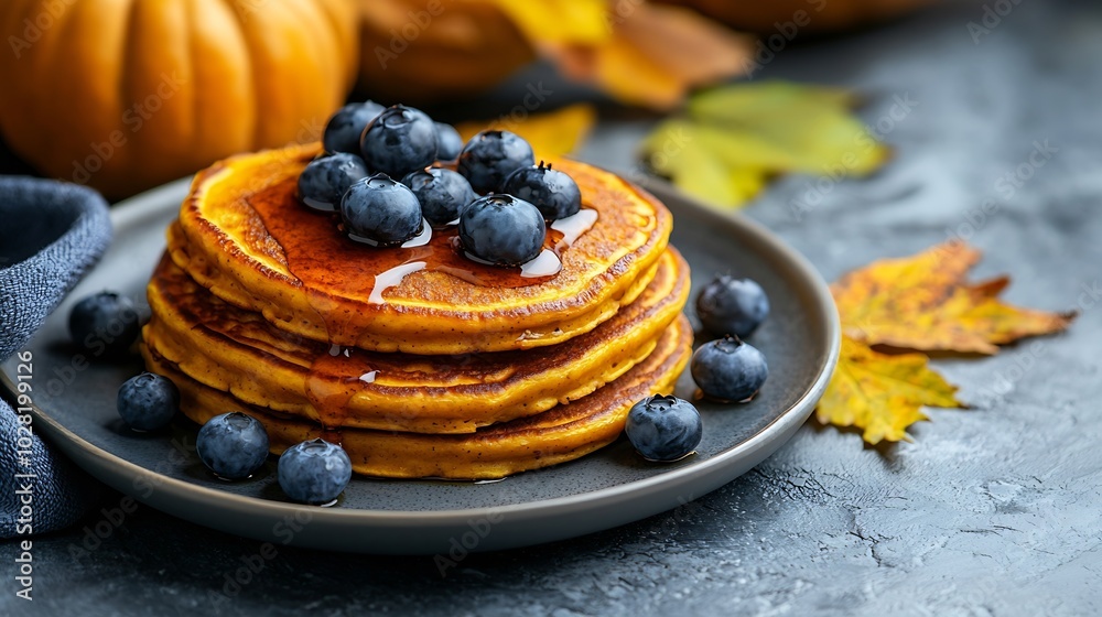 Poster pumpkin pancakes with maple syrup and blueberries on a plate grey stone background top view copy spa