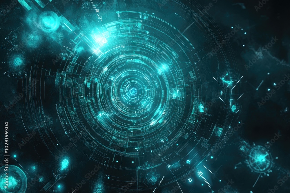 Poster futuristic digital abstract background with glowing blue lights, intricate patterns, and space eleme
