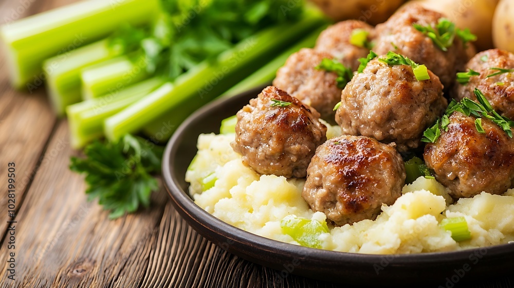 Poster Meatballs duck meat with apple sauce and mashed celery potato on a wooden background Copy space text place : Generative AI