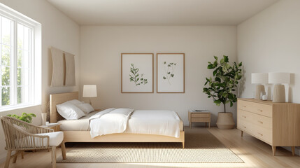 A serene bedroom featuring wooden bed, soft bedding, and natural decor. space is brightened by large windows and adorned with plants, creating calming atmosphere