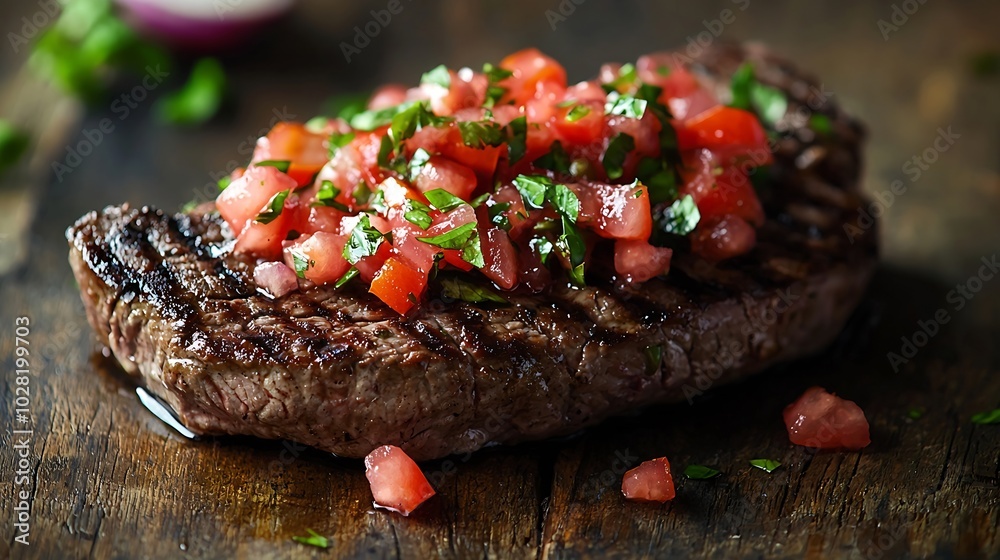 Poster Beef steak well done with tomato and pepper salsa on a dark wooden background : Generative AI