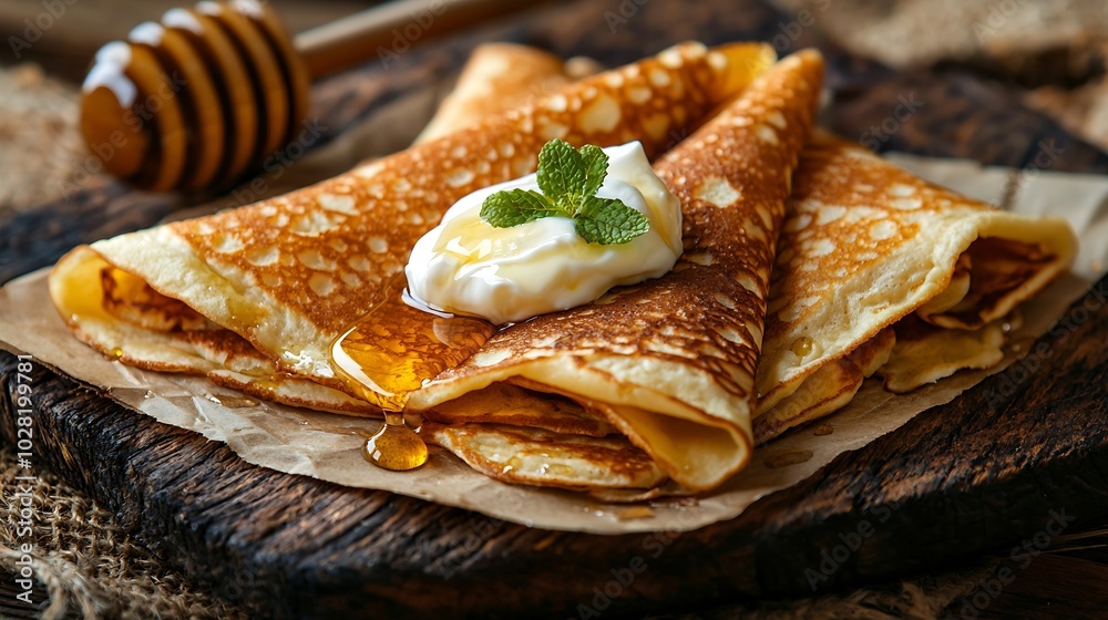 Aufkleber Thin crepes or pancakes with butter honey and sour cream on a rustic textile background Top view : Generative AI
