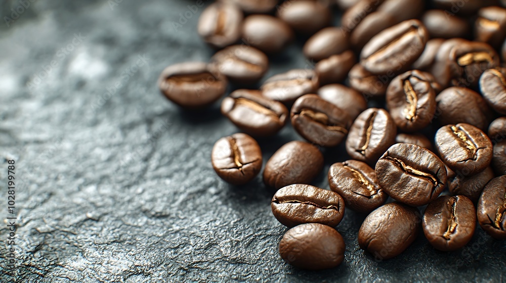 Poster coffee beans on grey slate background close up copy space : generative ai