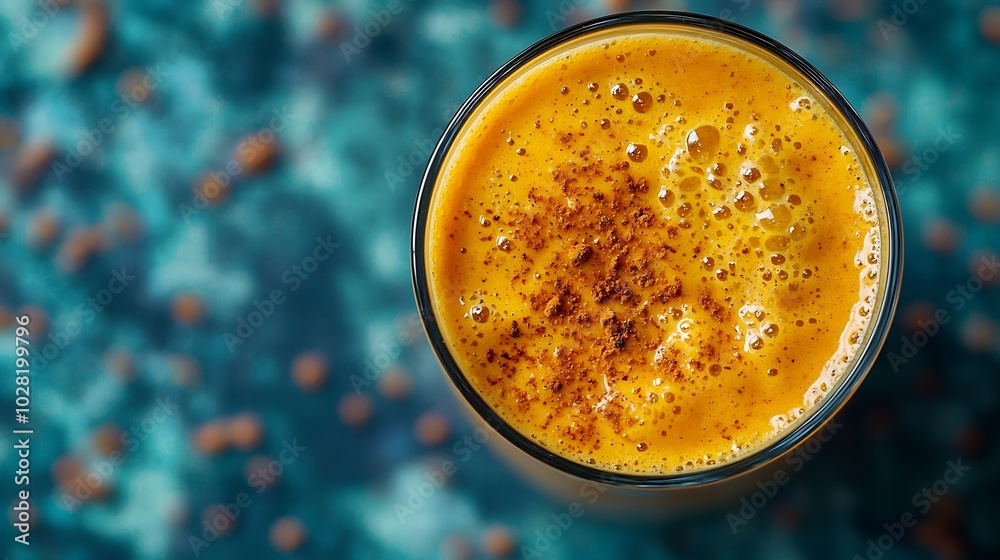 Poster pumpkin smoothie with pumpkin pie spices on a blue textile background top view : generative ai