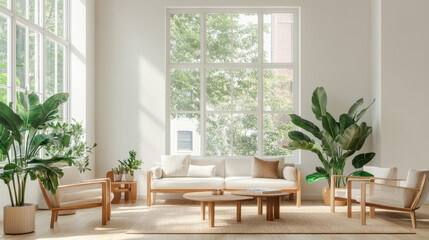 A bright and airy living room features large windows allowing natural light to flood in, complemented by stylish furniture and lush greenery. serene atmosphere invites relaxation and comfort