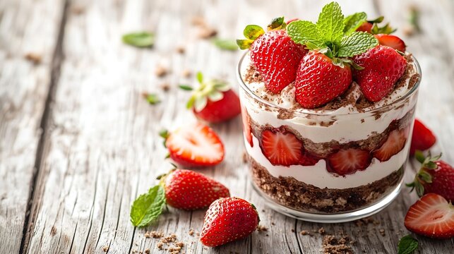 Strawberry tiramisu trifle custard dessert in a glass with fresh strawberry and mint leaves on a white wooden background : Generative AI