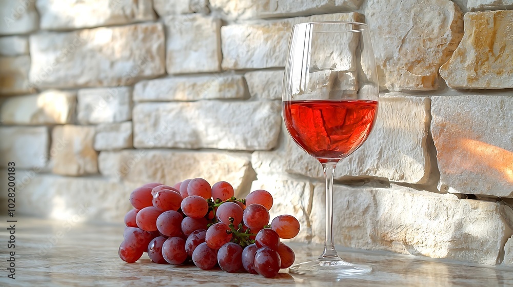 Poster glass of red wine and grape stone wall background wooden table close up : generative ai