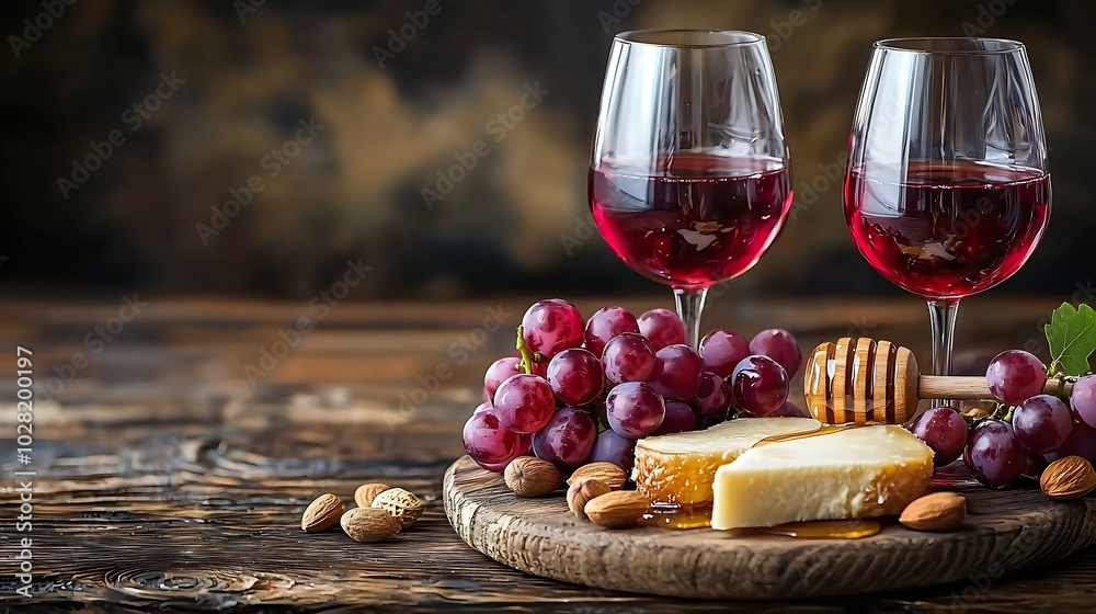 Poster cheese plate with honey on a wooden board nuts and grape and red wine in glass on a wooden backgroun