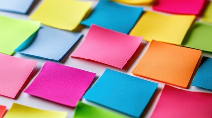 Bright colorful sticky notes arranged in a random pattern on a white surface, representing creativity, organization, and planning.