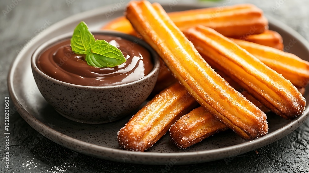 Poster churros dessert with chocolate sauce dip topping on plate gray background close up : generative ai