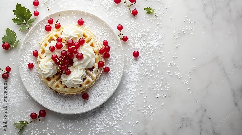 Poster belgian waffles with fresh red currant berries grey background copy space top view : generative ai