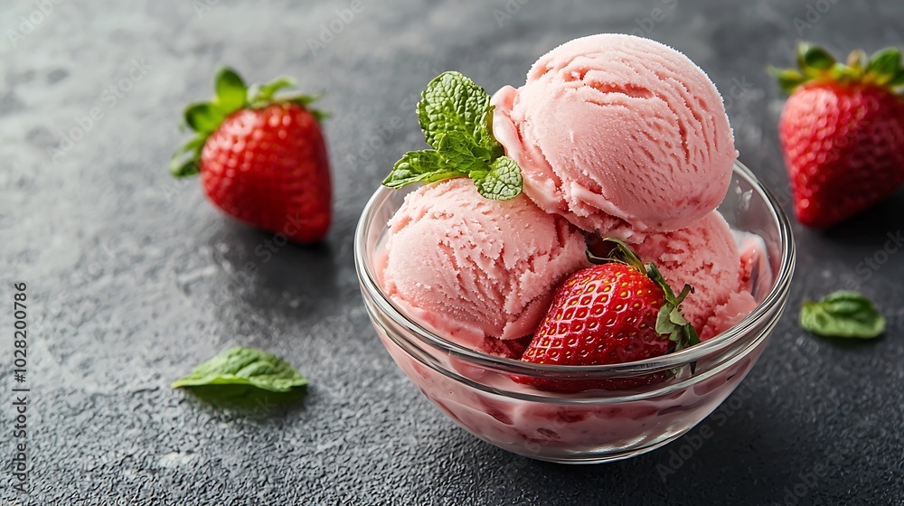 Aufkleber strawberry ice cream in a glass bowl on grey background close up copy space : generative ai