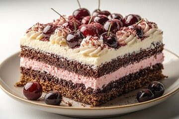 A slice of cake with cherries on top