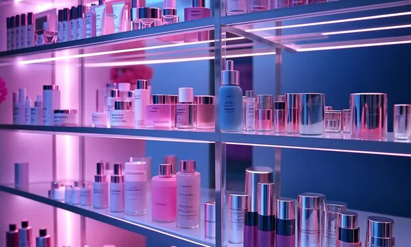 A shelf displaying various beauty and skincare products illuminated with pink lighting.