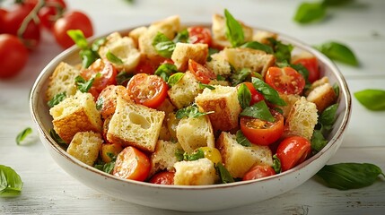 Italian traditional salad panzanella with fresh tomatoes and bread in a enamel bowl on a white wooden background : Generative AI